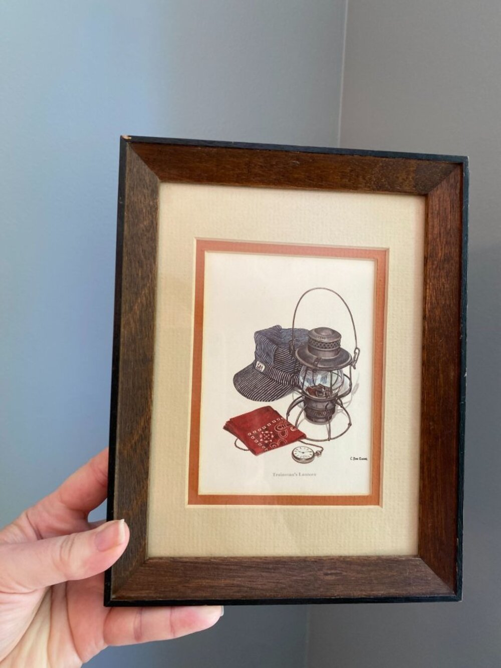 Vintage Framed "Trainmans Lantern" Print By C. Don Ensor 9"x7"